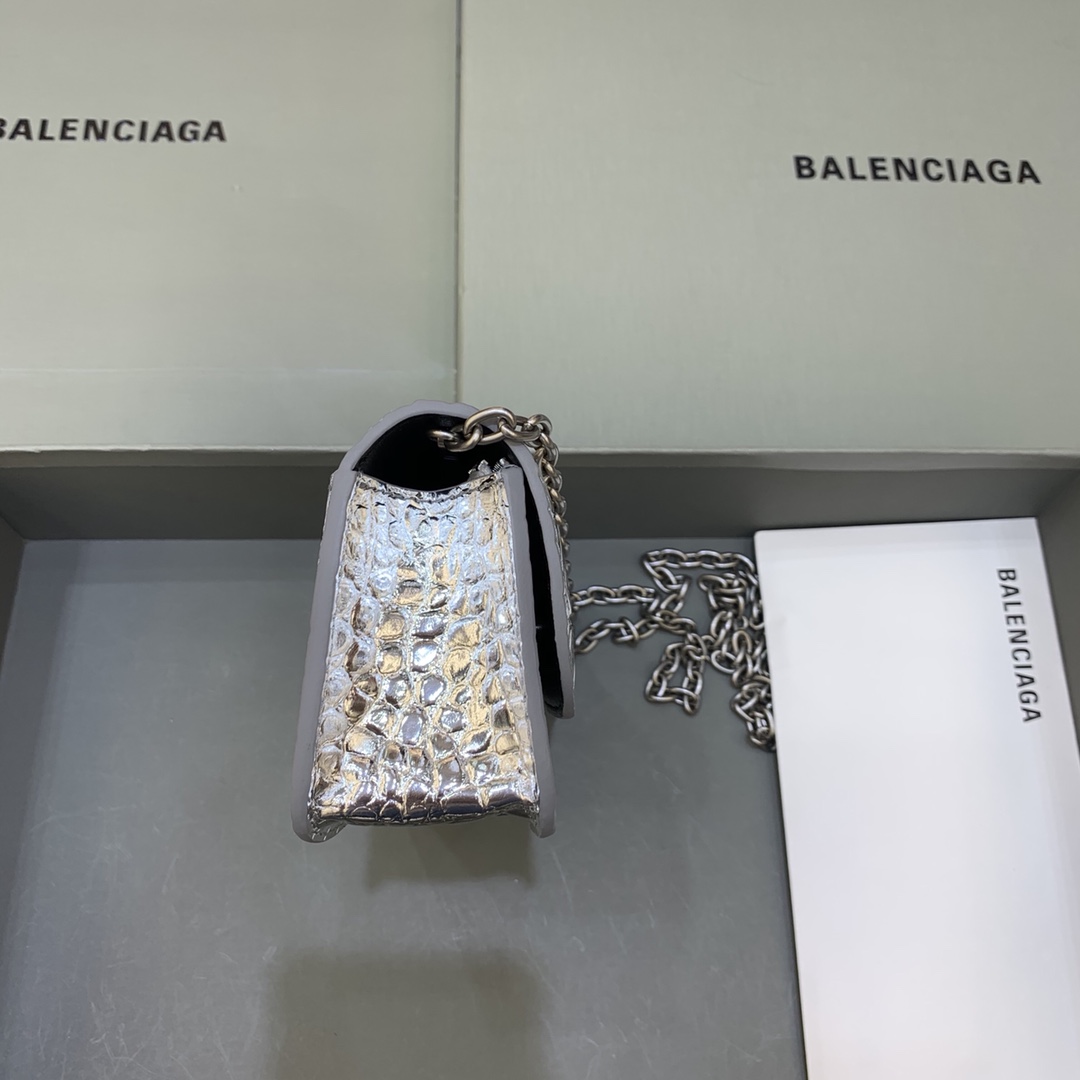 Balenciaga Gossip Wallet on chain Crocodile Embossed Calfskin Shouler Bag Silver